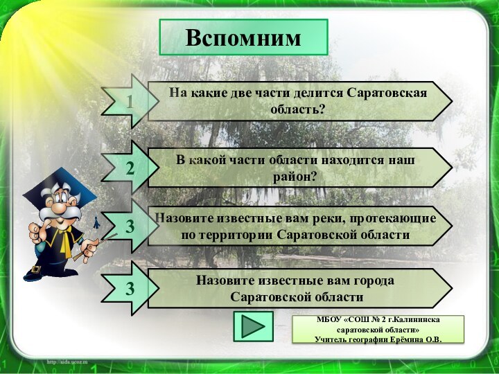 Вспомним1На какие две части делится Саратовская область?В какой части области находится наш