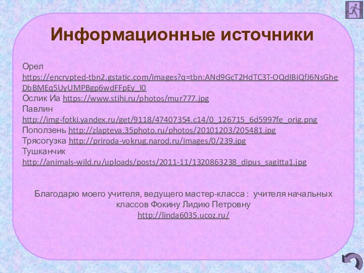 Информационные источникиОрел https://encrypted-tbn2.gstatic.com/images?q=tbn:ANd9GcT2HdTC3T-OQdIBiQfJ6NsGheDbBMEq5UyUMPBgp6wdFFpEy_I0 Ослик Иа https://www.stihi.ru/photos/mur777.jpg  Павлин http://img-fotki.yandex.ru/get/9118/47407354.c14/0_126715_6d5997fe_orig.png Поползень http://zlapteva.35photo.ru/photos/20101203/205481.jpgТрясогузка http://priroda-vokrug.narod.ru/images/0/239.jpg