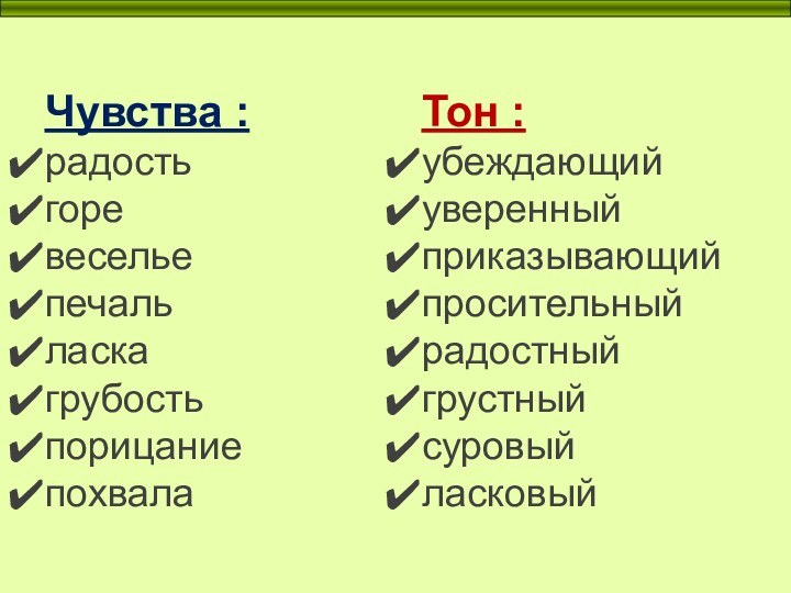 Чувства : радостьгоревесельепечальласкагрубостьпорицаниепохвала Тон :убеждающийуверенныйприказывающийпросительныйрадостныйгрустныйсуровыйласковый