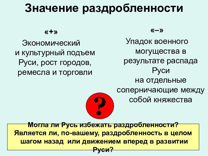 Значение раздробленности«+»Экономический и культурный подъем Руси, рост городов, ремесла и торговли«–»Упадок военного