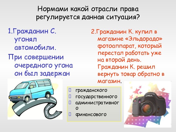 Нормами какой отрасли права регулируется данная ситуация?1.Гражданин С. угонял автомобили.При совершении очередного