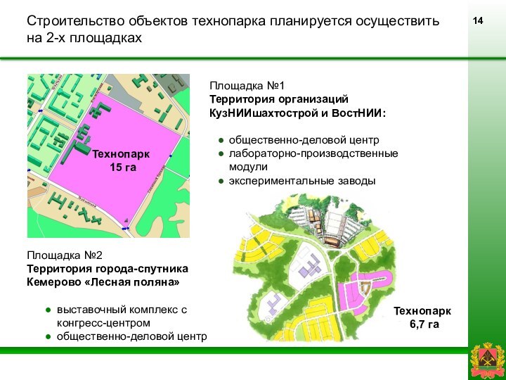 Строительство объектов технопарка планируется осуществить на 2-х площадкахПлощадка №1Территория организаций КузНИИшахтострой и