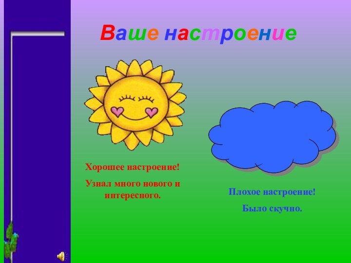 Ваше настроениеХорошее настроение! Узнал много нового и интересного.Плохое настроение!Было скучно.