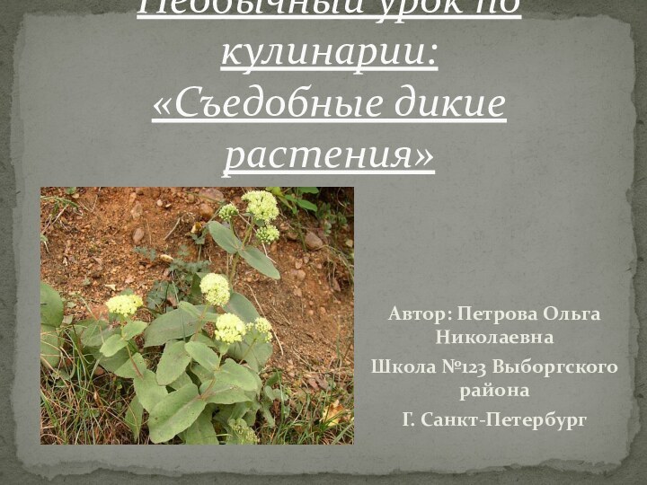 Автор: Петрова Ольга НиколаевнаШкола №123 Выборгского районаГ. Санкт-ПетербургНеобычный урок по кулинарии:  «Съедобные дикие растения»