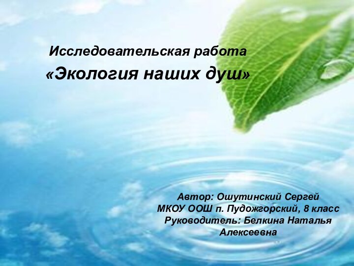 Исследовательская работа«Экология наших душ»Автор: Ошутинский Сергей МКОУ ООШ п. Пудожгорский, 8 классРуководитель: Белкина Наталья Алексеевна