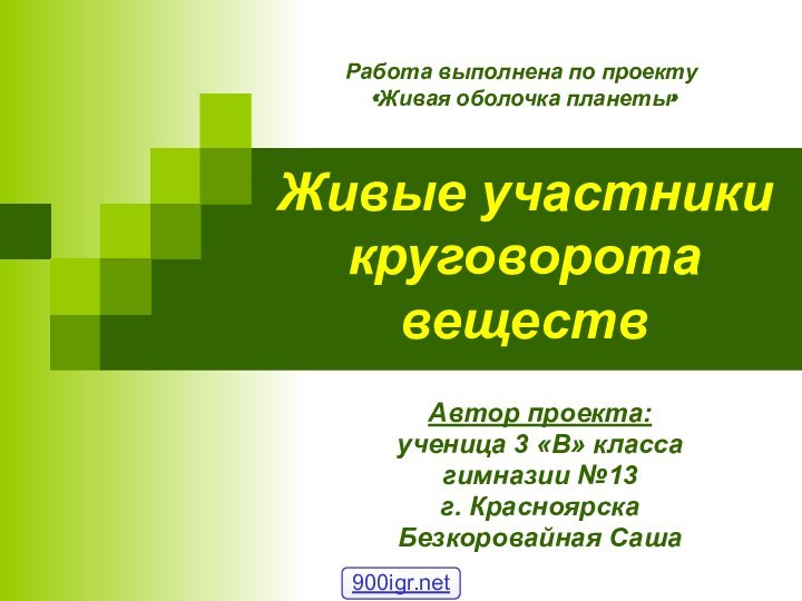 Живые участники круговорота веществАвтор проекта:ученица 3 «В» классагимназии №13 г. Красноярска Безкоровайная