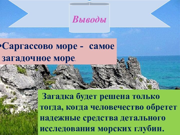 ВыводыСаргассово море - самое загадочное море. Загадка будет решена только тогда, когда