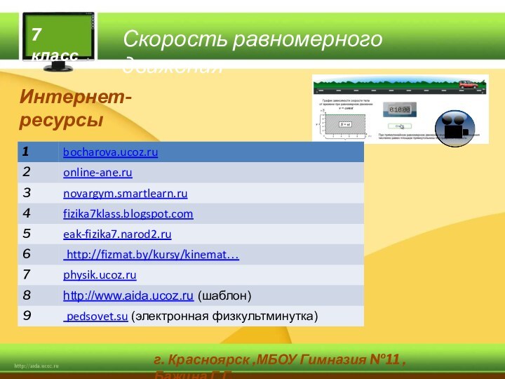 Скорость равномерного движения7 классИнтернет-ресурсыг. Красноярск ,МБОУ Гимназия №11 , Бажина Г.Г.