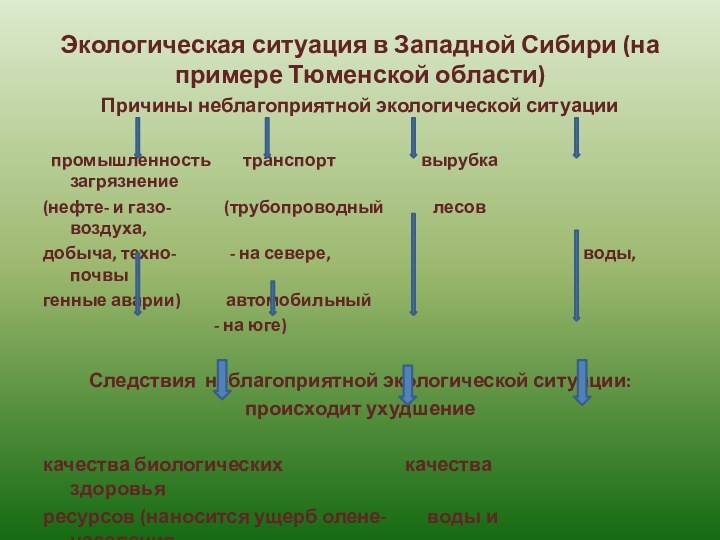 Экологическая ситуация в Западной Сибири (на примере Тюменской области)Причины неблагоприятной экологической ситуации