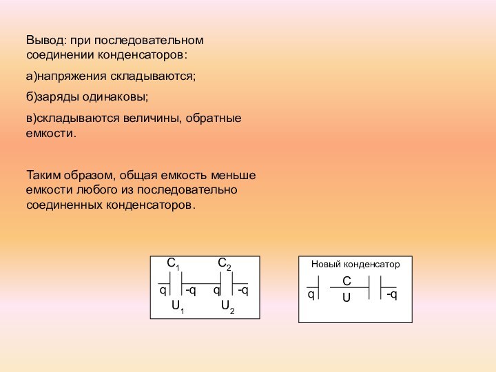 Вывод: при последовательном соединении конденсаторов:а)напряжения складываются;б)заряды одинаковы;в)складываются величины, обратные емкости.Таким образом, общая