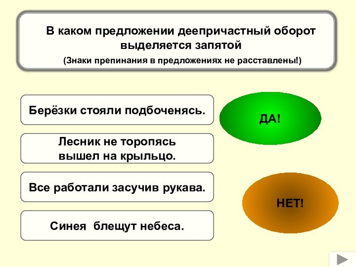 Все работали засучив рукава.Берёзки стояли подбоченясь.Синея блещут небеса.Лесник не торопясь вышел на