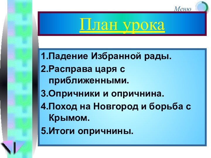 План урока1.Падение Избранной рады.2.Расправа царя с приближенными.3.Опричники и опричнина.4.Поход на Новгород и борьба с Крымом.5.Итоги опричнины.