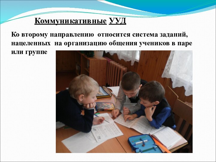 Коммуникативные УУДКо второму направлению относится система заданий, нацеленных на организацию общения учеников