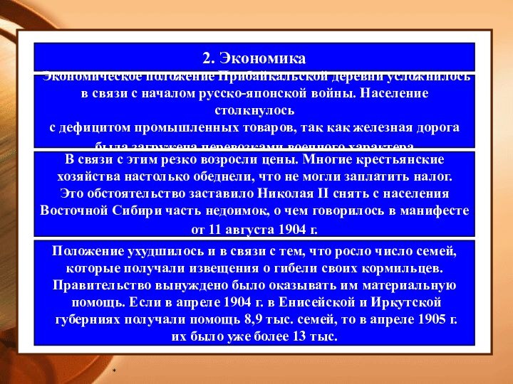 *2. ЭкономикаЭкономическое положение Прибайкальской деревни усложнилосьв связи с началом русско-японской войны. Население