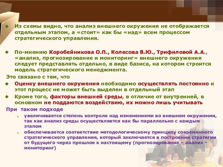 Из схемы видно, что анализ внешнего окружения не отображается отдельным этапом, а