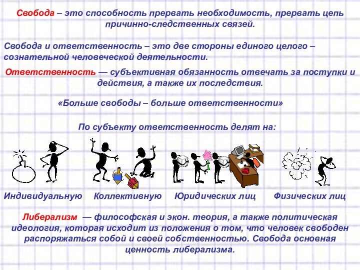 Свобода – это способность прервать необходимость, прервать цепь причинно-следственных связей.Свобода и ответственность