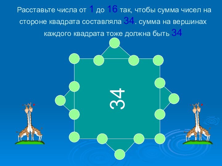 3434Расставьте числа от 1 до 16 так, чтобы сумма чисел на стороне