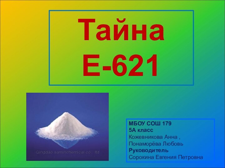 Тайна Е-621МБОУ СОШ 1795А классКожевникова Анна , Понаморёва Любовь РуководительСорокина Евгения Петровна