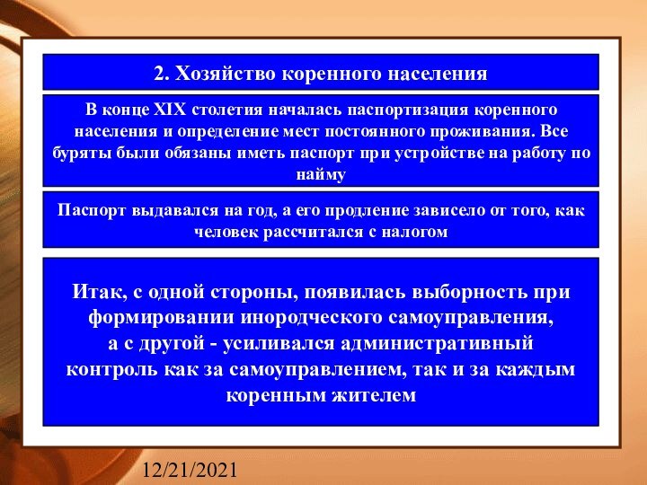 12/21/20212. Хозяйство коренного населенияВ конце XIX столетия началась паспортизация коренного населения и