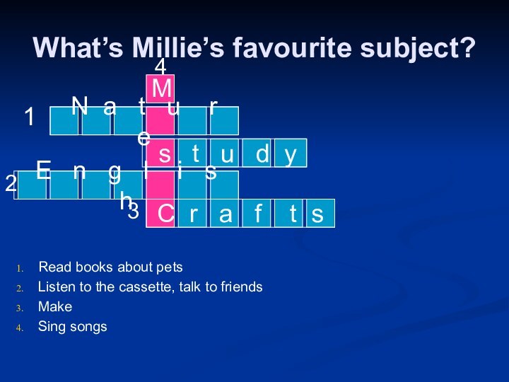 What’s Millie’s favourite subject?Read books about petsListen to the cassette, talk to