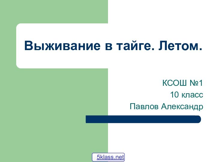 Выживание в тайге. Летом.КСОШ №110 классПавлов Александр