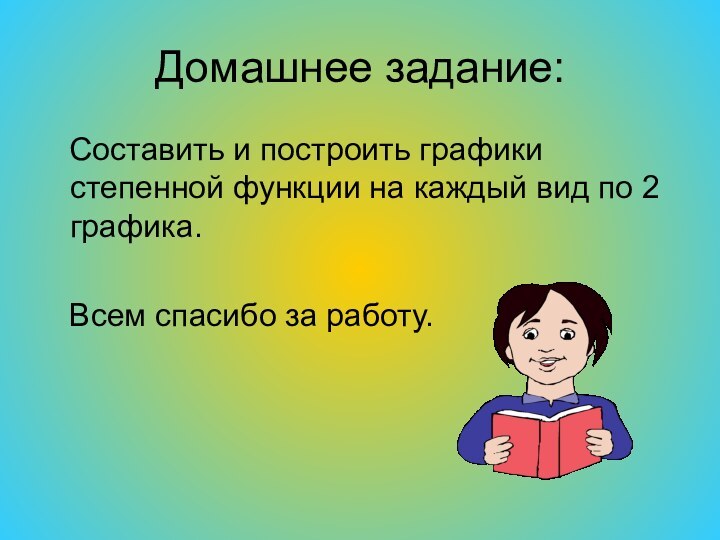 Домашнее задание:  Составить и построить графики степенной функции на каждый вид