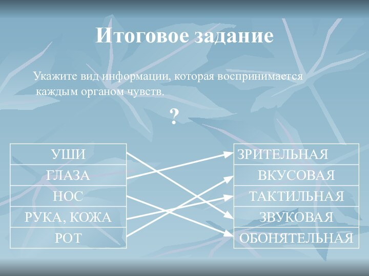 Итоговое задание  Укажите вид информации, которая воспринимается каждым органом чувств.?