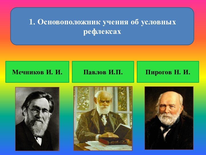 1. Основоположник учения об условных рефлексахМечников И. И.Павлов И.П.Пирогов Н. И.