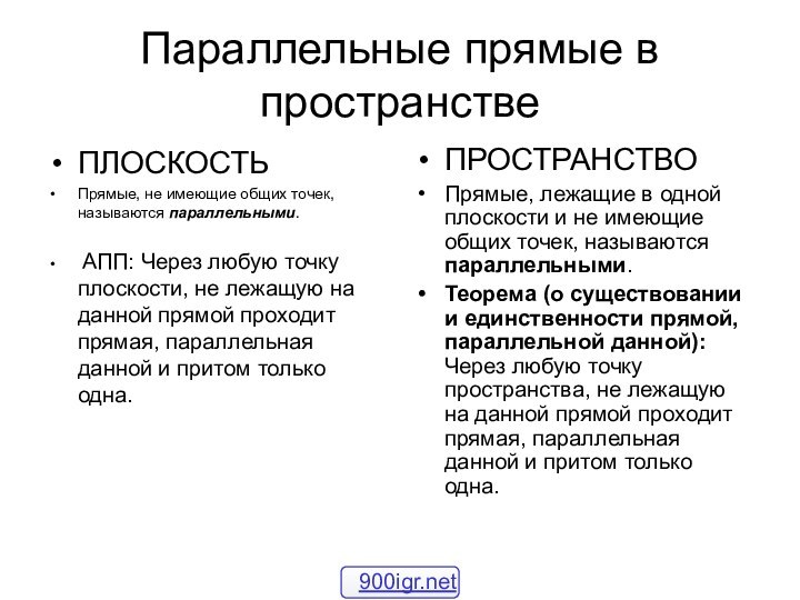 Параллельные прямые в пространствеПЛОСКОСТЬПрямые, не имеющие общих точек, называются параллельными. АПП: Через