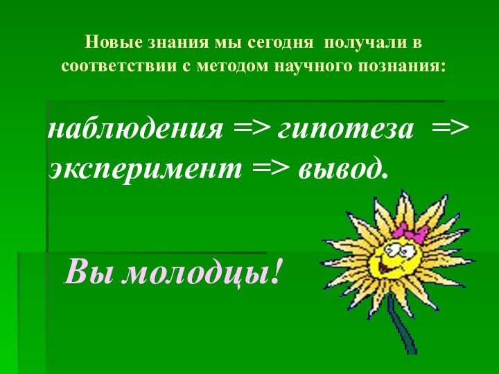 Новые знания мы сегодня получали в соответствии с методом научного познания: наблюдения