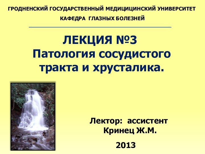 ГРОДНЕНСКИЙ ГОСУДАРСТВЕННЫЙ МЕДИЦИЦИНСКИЙ УНИВЕРСИТЕТКАФЕДРА ГЛАЗНЫХ БОЛЕЗНЕЙЛЕКЦИЯ №3Патология сосудистого тракта и хрусталика.Лектор: ассистент Кринец Ж.М.2013