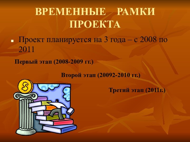 ВРЕМЕННЫЕ  РАМКИ  ПРОЕКТАПроект планируется на 3 года – с 2008