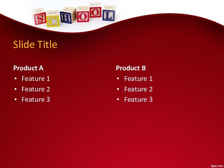 Slide TitleProduct AFeature 1Feature 2Feature 3Product BFeature 1Feature 2Feature 3