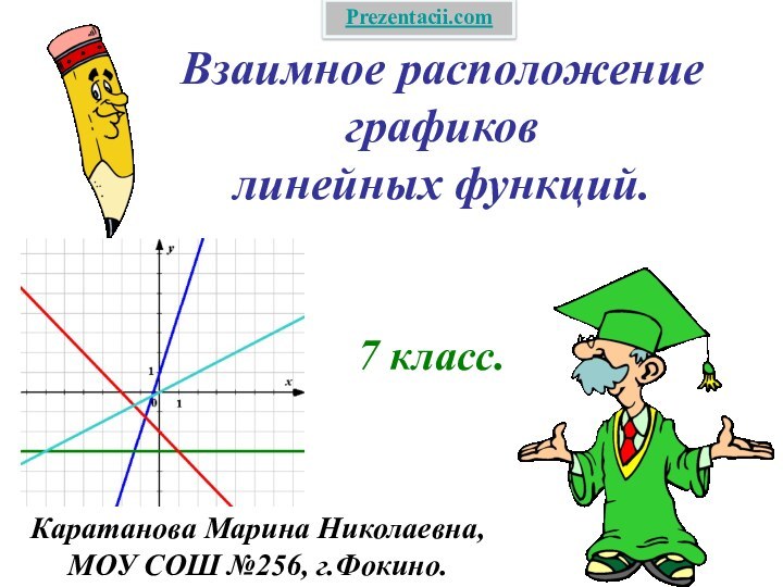 Взаимное расположение графиков линейных функций.7 класс.Каратанова Марина Николаевна,МОУ СОШ №256, г.Фокино.Prezentacii.com