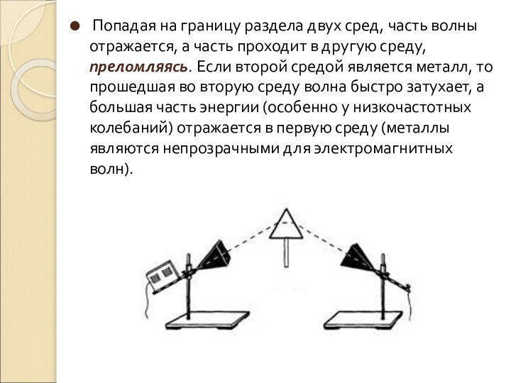  Попадая на границу раздела двух сред, часть волны отражается, а часть проходит