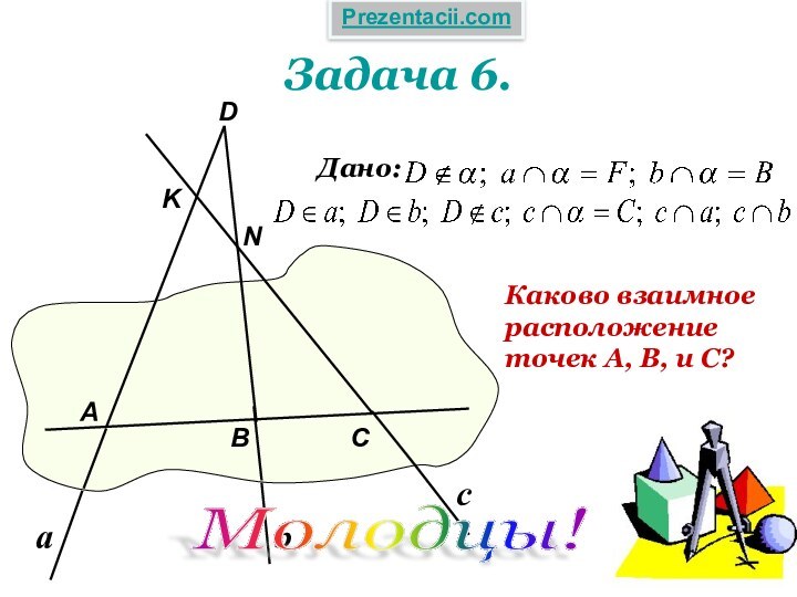 Задача 6.Каково взаимноерасположениеточек А, В, и С?Дано:АВDСNKаbcМолодцы! Prezentacii.com