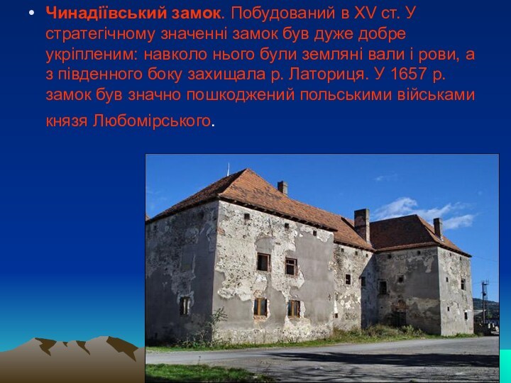 Чинадіївський замок. Побудований в XV ст. У стратегічному значенні замок був дуже