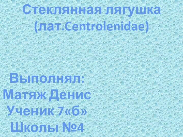 Стеклянная лягушка (лат.Centrolenidae)Выполнял: Матяж ДенисУченик 7«б»Школы №4