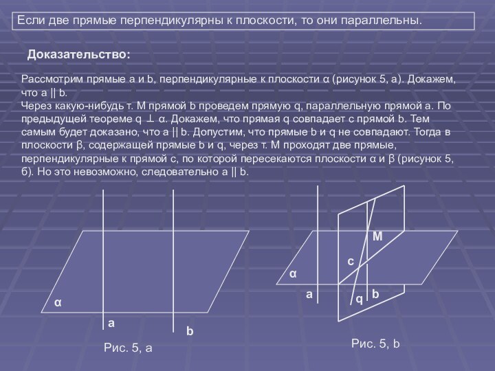 Если две прямые перпендикулярны к плоскости, то они параллельны. Рассмотрим прямые а