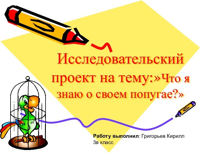 Исследовательский проект на тему:»Что я знаю о своем попугае?»Работу выполнил: Григорьев Кирилл 3в класс