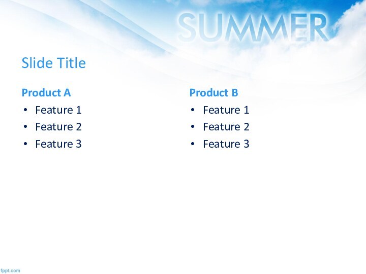 Slide TitleProduct AFeature 1Feature 2Feature 3Product BFeature 1Feature 2Feature 3