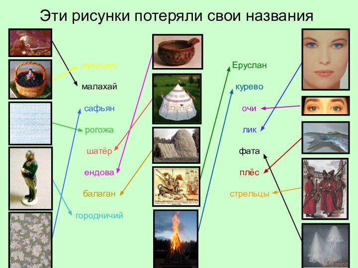 Эти рисунки потеряли свои названиялукошкомалахайсафьянрогожашатёрендовабалагангородничийЕрусланкуревоочиликфатаплёсстрельцы