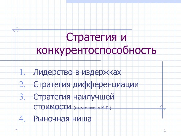 * Стратегия и конкурентоспособностьЛидерство в издержках Стратегия дифференциацииСтратегия наилучшей стоимости (отсутствует у М.П.)Рыночная ниша