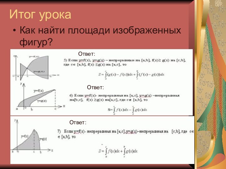 Площади плоских фигур. Вычисление площадей плоских фигур с помощью определенного интеграла. Основные формулы для вычисления площади плоских фигур. Вычисление площади плоской фигуры примеры.