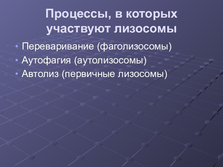 Процессы, в которых участвуют лизосомыПереваривание (фаголизосомы)Аутофагия (аутолизосомы)Автолиз (первичные лизосомы)