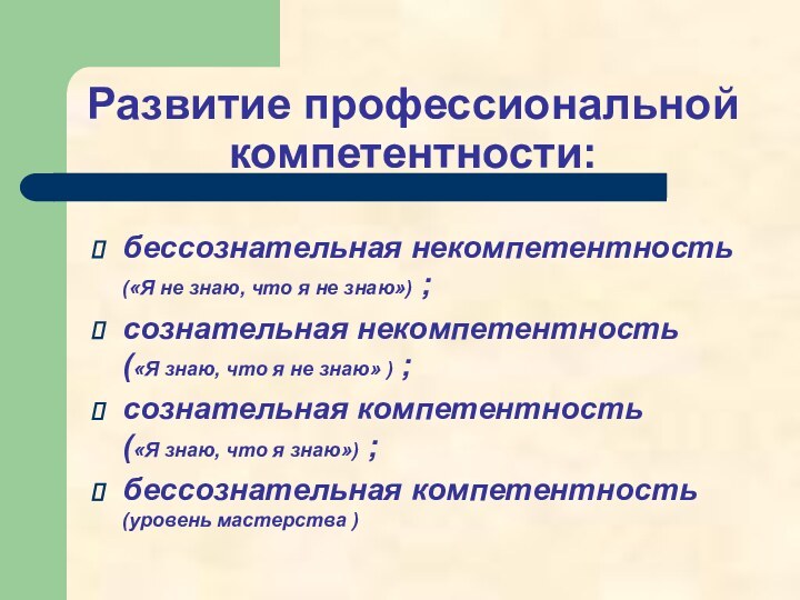 Развитие профессиональной компетентности: бессознательная некомпетентность («Я не знаю, что я не знаю»)