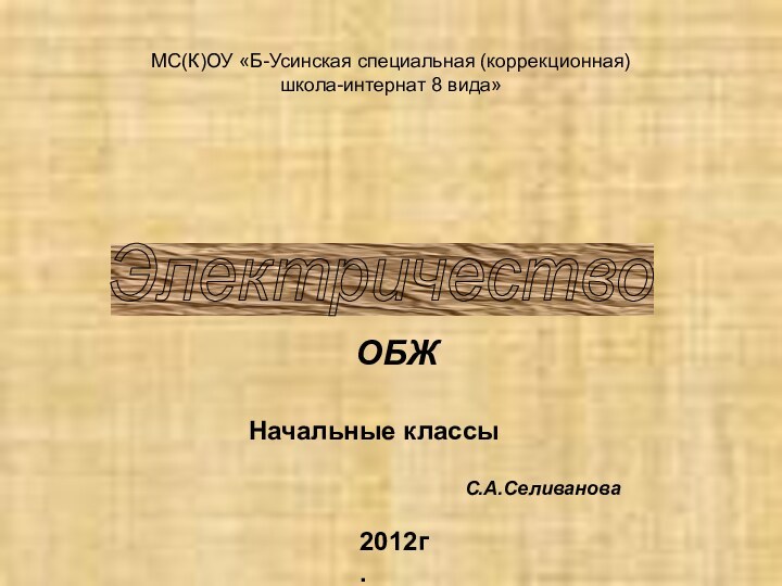 МС(К)ОУ «Б-Усинская специальная (коррекционная)  школа-интернат 8 вида»Электричество ОБЖНачальные классыС.А.Селиванова2012г.