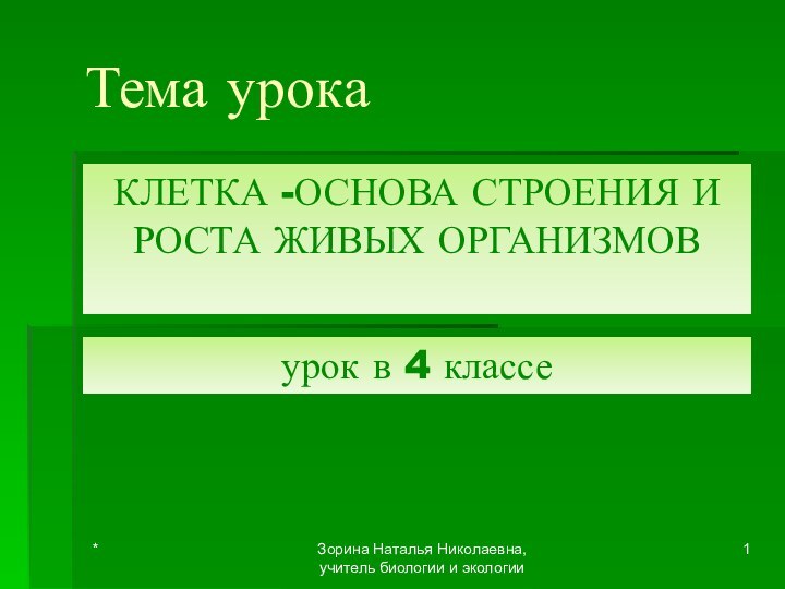 КЛЕТКА -ОСНОВА СТРОЕНИЯ И РОСТА ЖИВЫХ ОРГАНИЗМОВ Тема урока*Зорина Наталья Николаевна, учитель