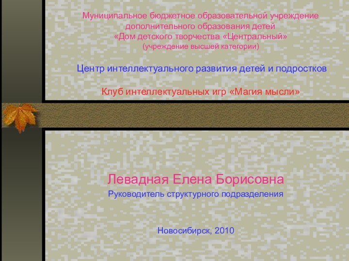 Муниципальное бюджетное образовательной учреждение дополнительного образования детей  «Дом детского творчества «Центральный»