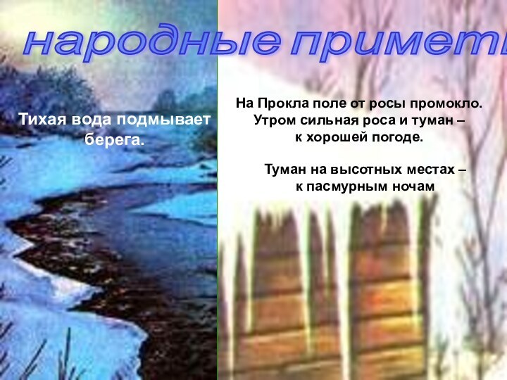 народные приметы Тихая вода подмывает берега.На Прокла поле от росы промокло. Утром